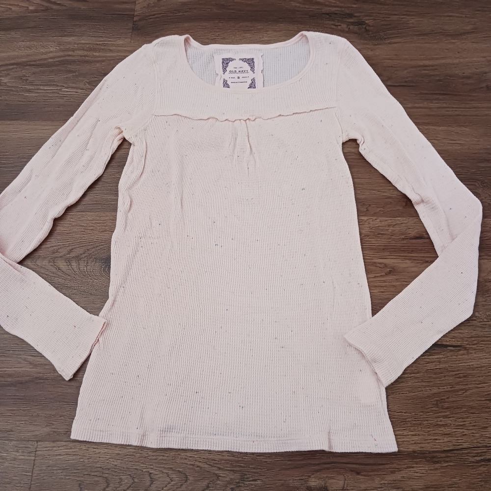 Old Navy Pink‎ Confetti Waffle Knit Thermal Long Sleeve Ruffle Top Small